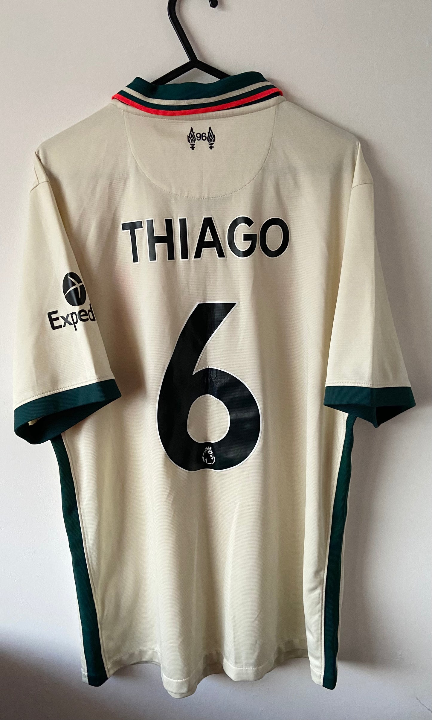 Liverpool FC 21/22 Away Shirt Cream & Green Thiago #6 - Size Large