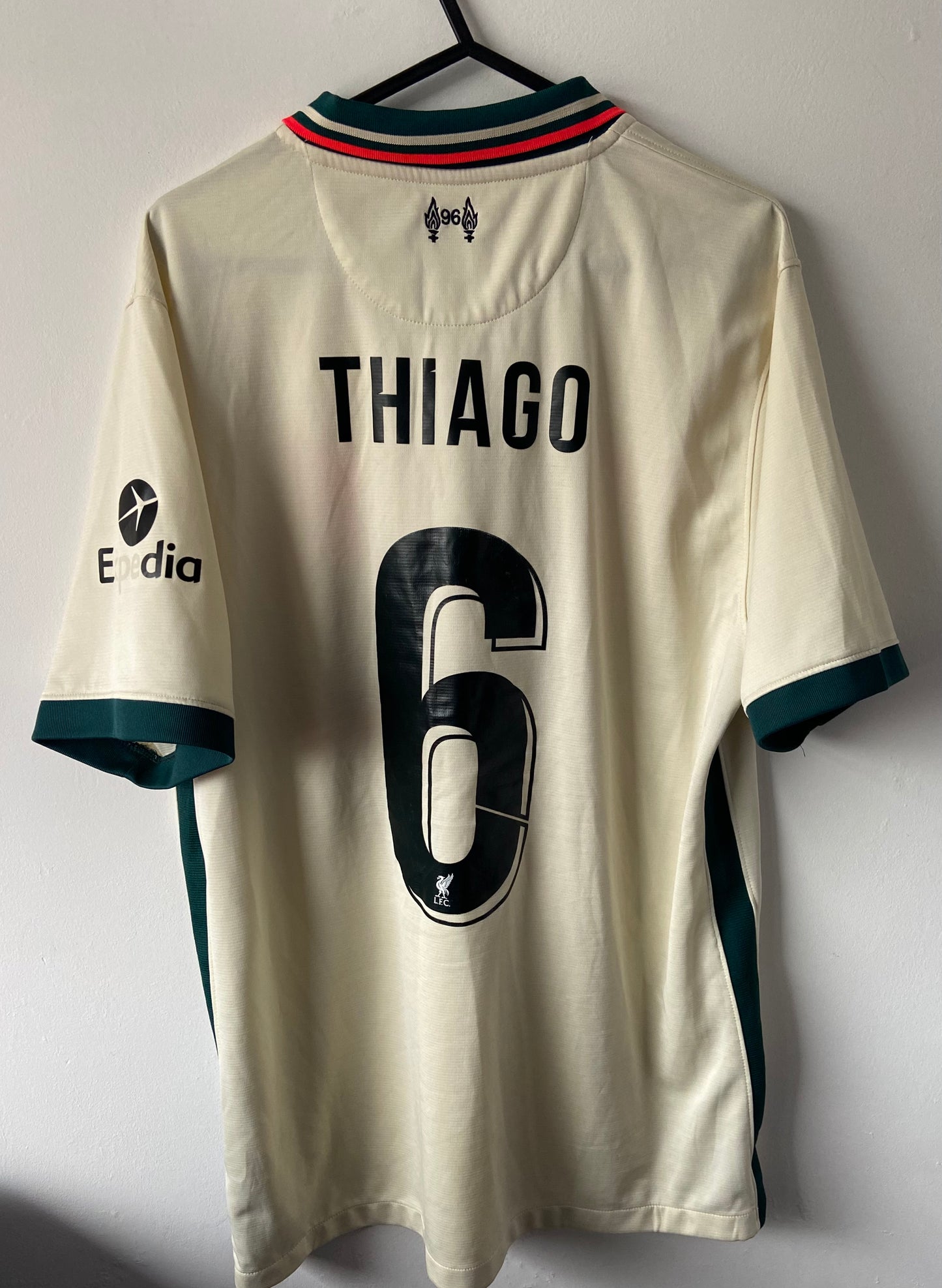 Liverpool FC 21/22 Away Shirt Cream & Green Thiago #6 - Size Large